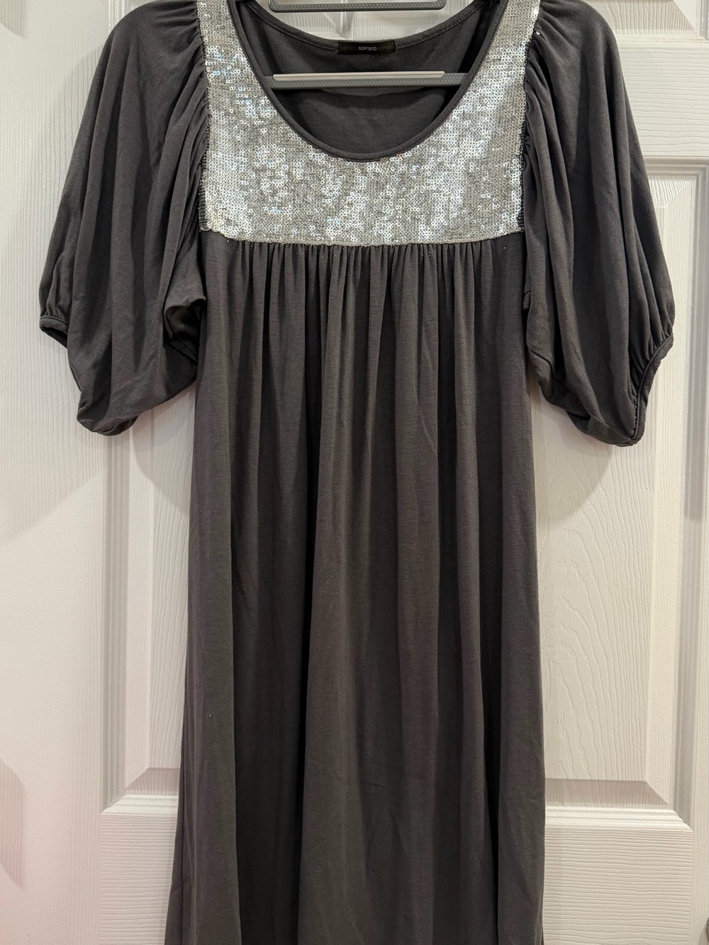 Gray Sequin Y2K Yoke Puff Sleeve Women's Dress